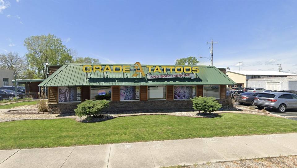 Grade A Tattoos Clinton St building in Fort Wayne, a tattoo shop near Huntington, Indiana about 35 minutes up US-24