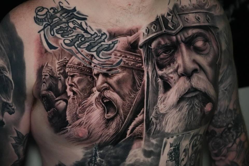 Realism Viking warriors tattoo by Issac Roque, one of the Fort Wayne tattoo artists at Grade A